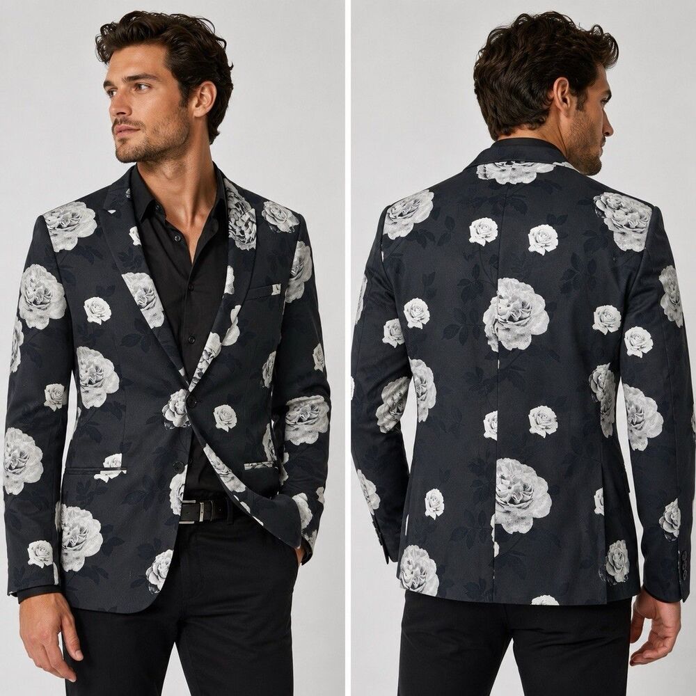 J.Ferrar Black Rose Floral Blazer Jacket Mens 44L Slim Fit Stretch NWT Cotton